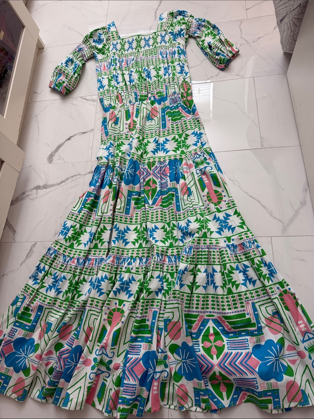 Sheridan French Amelia Maxi Dress in the "Green + White Leaf" print.
SZ: S
